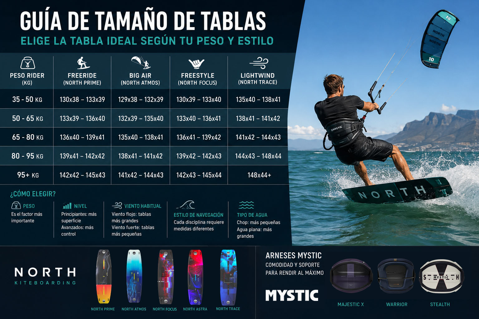 Qué tamaño de tabla elegir en kitesurf según tu peso y estilo de navegación